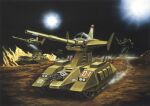  1970s_(style) 1980s_(style) army artist_request asteroid cannon dust_cloud gun gundam gunpla holding holding_weapon machine_gun machinery magella_attack mecha mecha_focus military_vehicle mobile_suit mobile_suit_gundam model_kit motor_vehicle official_art one-eyed realistic retro_artstyle robot scan science_fiction shoulder_spikes space spikes star_(sky) tank traditional_media weapon zaku_ii zaku_ii_s zeon 