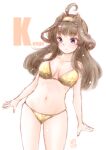  1girl ahoge bikini brown_hair character_name double_bun gold_bikini gold_hairband hair_bun hairband kantai_collection kongou_(kancolle) koshigaya_tatsumi long_hair looking_to_the_side one-hour_drawing_challenge purple_eyes simple_background solo standing swimsuit white_background 