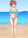  1girl banefan beach bikini breasts cleavage large_breasts long_hair midriff ocean original pink_hair pixiv_manga_sample red_eyes solo swimsuit 