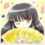  black_hair brown_eyes flx houraisan_kaguya long_hair looking_at_viewer one_eye_closed smile solo touhou 