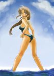  blue_eyes brown_hair chaborin competition_swimsuit from_behind highres looking_back one-piece_swimsuit original ponytail solo swimsuit 
