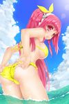  absurdres adjusting_clothes adjusting_swimsuit ass bemani bikini blush breasts from_behind hair_ribbon highres katoma large_breasts long_hair looking_back ocean parted_lips pink_eyes pink_hair ponytail rasis ribbon solo sound_voltex swimsuit wading water yellow_bikini 