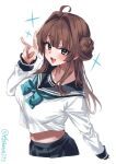  1girl ahoge alternate_costume aqua_bow aqua_bowtie artist_name black_sailor_collar blush bow bowtie breasts brown_hair commentary_request cropped_shirt double_bun ebifurya fang hair_bun hair_intakes hand_up highres kantai_collection kongou_(kancolle) large_breasts long_hair long_sleeves looking_at_viewer midriff one-hour_drawing_challenge open_mouth purple_eyes sailor_collar school_uniform serafuku shirt simple_background smile solo twitter_username v white_background white_shirt 