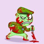 1:1 4_fingers anthro bear blood bloodied bodily_fluids bottomless camo camo_clothing camo_print camo_shirt camo_topwear clothed clothing covered_in_blood dog_tag_necklace dog_tags eye_bags fingers flippy_(htf) fliqpy_(htf) gore green_body green_clothing green_eyes happy_tree_friends heart_nose heart_symbol herebecritters hi_res holding_knife holding_object knife looking_at_viewer male mammal military_clothing pattern_clothing pattern_shirt pattern_topwear pink_background sharp_teeth shirt simple_background solo teeth topwear ursine