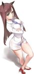  animal_ears breasts brown_hair crossed_arms fox_ears green_eyes high_heels long_hair medium_breasts muto necktie open_mouth original panties purple_neckwear purple_panties red_footwear shirt shoes simple_background solo underwear white_background white_shirt 