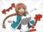  blush bouncing_breasts bow braid breasts brown_eyes brown_hair d-frag! hairband jacket large_breasts popped_zipper single_braid solo surprised takao_(d-frag!) todo_(masa3373) track_jacket zipper 