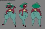 4_arms absurd_res arthropod big_butt big_mouth_(anatomy) bottomwear butt character_name clothed clothing denim denim_bottomwear denim_clothing digital_drawing_(artwork) digital_media_(artwork) fan_character female flea footwear green_hair hair hi_res insect jeans mammal model_sheet multi_arm multi_limb pants red_body sandals sarah_pion_the_flea_(the_cartoon_love) shoes smile solo text the_cartoon_love thick_thighs wide_hips