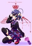  black_hair black_legwear blazer blue_eyes chuunibyou_demo_koi_ga_shitai! crown dress eyepatch heart heart_eyepatch jacket kasane one_side_up plaid pose short_hair takanashi_rikka thighhighs umbrella wings zettai_ryouiki 