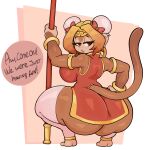 absurd_res anthro asian_clothing big_breasts big_butt breasts butt chinese_clothing clothed clothing crouching dialogue dress east_asian_clothing female hand_on_hip haplorhine hi_res huge_butt mammal monkey primate solo sonyu_tainkong speech_bubble staff tail thick_thighs virito wide_hips