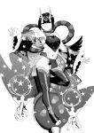  1girl absurdres blunt_bangs chinese_clothes closed_mouth clothes_writing commentary_request detached_sleeves diamond_choker double-parted_bangs dudou eyeliner fate/grand_order fate_(series) forehead_jewel fox_shadow_puppet fundoshi gourd greyscale groin heart-shaped_gem highres horns japanese_clothes looking_at_viewer makeup monochrome navel oni outstretched_arms rope sash shimenawa showgirl_skirt shuten_douji_(fate) shuten_douji_(halloween_caster)_(fate) simple_background skin-covered_horns smile solo spread_arms star_(symbol) star_print stomach thighhighs toeless_legwear two-cat-walk white_background wide_sleeves 