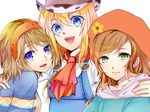  :d blonde_hair blue_eyes brown_hair cowboy_hat green_eyes hairband harvest_moon harvest_moon:_a_new_beginning harvest_moon:_connect_to_a_new_land harvest_moon:_the_tale_of_two_towns hat kawashi lillian_(harvest_moon) long_hair minori_(harvest_moon) multiple_girls open_mouth overalls rio_(harvest_moon) scarf short_hair smile 
