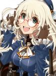  atago_(kantai_collection) bespectacled black_gloves blonde_hair blush breasts glasses gloves green_eyes hat kantai_collection large_breasts long_hair looking_at_viewer military military_uniform mistrail open_mouth smile solo uniform 