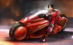  akira black_hair boots cyberpunk gloves ground_vehicle hair_over_one_eye jacket kaneda_shoutarou kinman_chan knee_boots male_focus motor_vehicle motorcycle radiation_symbol realistic red_jacket science_fiction solo 