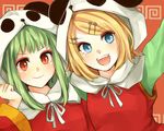  :d animal_hood arm_up blonde_hair blue_eyes blush china_dress chinese_clothes dress eyelashes eyeshadow green_hair gumi happy hood kagamine_rin looking_at_viewer makeup meriko_(piyoko5) multiple_girls open_mouth outstretched_arms panda_hat red_dress red_eyes ribbon short_hair sidelocks smile vocaloid white_ribbon yie_ar_fan_club_(vocaloid) 