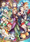  5girls 6+boys aqua_eyes armor bag bandana bead_necklace beads bike_shorts black_hair black_shirt black_shorts black_tank_top blonde_hair blue_eyes blue_hair boots bracelet braid brown_hair brown_shoes brown_trim camus_(dq11) cane castle character_request colored_skin commentary_request confetti cross-laced_clothes dagger dirndl dog dragon_quest dragon_quest_xi dress earrings emma_(dq11) erdrick&#039;s_sword everyone facial_hair fez_hat fire floating_clothes floating_hair gears german_clothes gold_earrings grandfather_and_grandson green_boots green_bustier green_dress green_eyes green_hairband green_pants green_tunic greig_(dq11) grey_eyes grin hair_pulled_back hairband harp hat hero_(dq11) highres holding holding_cane holding_dagger holding_knife holding_staff holding_sword holding_weapon homeros_(dq11) hoop_earrings horns instrument jacket jewelry knife long_hair looking_at_viewer looking_to_the_side low_ponytail low_twin_braids mage_staff magic martina_(dq11) medium_hair mohawk multicolored_dress multiple_boys multiple_girls mustache necklace o-ring o-ring_top old old_man open_mouth orange_bandana orange_pants orange_socks orb pants parted_hair pink_eyes pointy_ears ponytail purple_eyes purple_facial_hair purple_hair purple_jacket purple_robe pyrokinesis red_dress red_hair red_hat red_shirt red_vest robe row_(dq11) senya_(dq11) shirt shoes short_hair shorts shoulder_bag siblings sisters sleeveless sleeveless_jacket smile socks sphere_earrings spiked_hair staff striped_clothes sweater sword sylvia_(dq11) tank_top tiprip_kk tockle_(dq11) tunic twin_braids twins urnoga veronica_(dq11) vest weapon white_dress white_facial_hair white_shirt white_skin yellow_eyes yellow_sweater 
