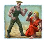  armor barefoot blonde_hair boots combat_boots cuffs dog_tags dougi gameplay_mechanics guile handcuffs hood hoodie japanese_armor ken_masters kote meme mick_mcginty military multiple_boys muscle one_knee realistic sleeveless sleeveless_hoodie street_fighter street_fighter_ii_(series) tank_top 