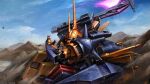  absurdres advance_of_zeta beam_axe cloud copyright_logo damaged debris desert dirty dust dust_cloud energy fake_screenshot glowing gundam gundam_battle_operation_2 highres machinery mecha mecha_focus mobile_suit mountainous_horizon official_art one-eyed painting_(medium) realistic robot rosette_(mobile_suit) scan science_fiction shoulder_spikes spikes sunrise_(company) tenjin_hidetaka titans_(gundam) traditional_media 