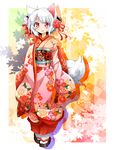  2014 alternate_costume animal_ears blush breasts character_name clown_222 flower hair_flower hair_ornament highres inubashiri_momiji japanese_clothes kikumon kimono obi open_mouth red_eyes sandals sash short_hair small_breasts smile solo tabi tail touhou white_hair wolf_ears wolf_tail 