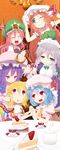  apron blonde_hair blue_eyes blue_hair bow braid cheek_poking crescent flandre_scarlet hair_bow hands_together hat hat_bow head_wings highres hong_meiling izayoi_sakuya koakuma kuresento maid_apron maid_headdress multiple_girls one_eye_closed orange_hair patchouli_knowledge poking purple_eyes purple_hair red_eyes red_hair remilia_scarlet shortcake silver_hair smile touhou twin_braids 