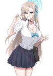  1girl absurdres alfakronoxis asuna_(blue_archive) asuna_(school_uniform)_(blue_archive) asymmetrical_bangs bag black_bag black_choker blonde_hair blue_archive blue_eyes blue_halo blue_nails blue_ribbon breasts choker collared_shirt dress dress_shirt hair_over_one_eye halo hand_up highres large_breasts long_hair looking_at_viewer nail_polish official_alternate_costume pleated_skirt ribbon school_uniform shirt shoulder_bag simple_background skirt smile white_background white_shirt 