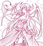  adjusting_hair bangs bare_shoulders bat_wings breasts buttons chisa cleavage cowboy_shot demon_girl dress frills from_side horns light_smile lilith_(p&amp;d) long_hair long_sleeves looking_at_viewer medium_breasts monochrome petals petticoat pointy_ears puzzle_&amp;_dragons side_slit sidelocks sketch skirt_hold smile snake standing thighhighs very_long_hair wings 