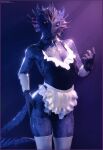 3d_(artwork) anthro argonian armwear breasts cheek_frill choker clothed clothing digital_media_(artwork) female frilly frilly_clothing gem gloves hand_on_leg hand_on_thigh handwear head_spines hi_res horn jewelry legwear looking_at_viewer maid_uniform microsoft mrcourage616 necklace non-mammal_breasts open_mouth pupils purple_light sapphire_(gem) scalie simple_background skimpy slit_pupils solo spiked_tail spikes spikes_(anatomy) standing stockings tail teeth the_elder_scrolls uniform