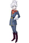  1girl blue_eyes blue_jacket blue_pants boots closed_mouth commentary_request deux_murasame freckles full_body gloves gundam gundam_gquuuuuux highres jacket kisaragi_shokuin long_hair military_uniform pants simple_background solo standing titans_(gundam) updo white_background white_gloves white_hair zeta_gundam 