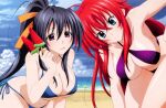  2girls :p absurdres beach bikini blue_eyes breasts cleavage cloud covered_nipples day food fruit hair_ribbon high_school_dxd high_school_dxd_born highres himejima_akeno large_breasts long_hair multiple_girls nakajima_yoshiko official_art outdoors popsicle purple_eyes purple_hair red_hair rias_gremory ribbon sand swimsuit tongue tongue_out underwear watermelon watermelon_bar 