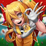  1girl @_@ akita_neru alternate_costume black_necktie blonde_hair blue_background cloud collared_shirt confetti english_commentary fang gloves green_background hair_between_eyes hair_ribbon hands_up highres holding holding_pendulum jacket long_hair looking_at_viewer lubymaoo mesmerizer_(vocaloid) mismatched_pupils necktie open_mouth pants pendulum red_background ribbon shirt short_sleeves side_ponytail sleeveless sleeveless_jacket solo spanish_commentary teeth vocaloid white_gloves white_ribbon white_shirt wing_collar yellow_background yellow_eyes yellow_jacket yellow_pants 
