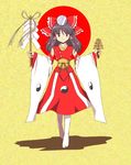  bell bow detached_sleeves embellished_costume flx hair_bow hakurei_reimu highres japanese_clothes jingle_bell kagura_suzu long_hair looking_at_viewer miko smile solo touhou white_legwear yin_yang 