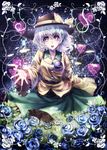  blue_eyes blue_flower blue_rose fish flower frills hat hat_ribbon heart heart-shaped_pupils highres komeiji_koishi kotonoman open_mouth outstretched_hand ribbon rose silver_hair smile solo stained_glass symbol-shaped_pupils third_eye touhou 