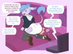 aggretsuko anthro arms_bent asinus blue_hair blush blush_lines bottomwear bottomwear_down brown_clothing brown_footwear brown_shoes bubblepuppers butt car caught clothed clothing computer detailed_background diaper donkey ears_back electronics equid equine feces footwear full-length_portrait fur group hair hi_res hoodie humiliation inside_car inside_vehicle kneeling looking_back male mammal offscreen_character one_eye_closed open_mouth pants pants_down partially_clothed pivoted_ears plantigrade pooping portrait presenting presenting_hindquarters purple_body purple_eyes purple_fur rear_view sanrio shoes soiled_diaper soiling soiling_diaper solo_focus speech_bubble surprise tadano_(aggretsuko) tail tail_tuft topwear tuft unclean_diaper used_diaper vehicle video_call