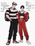  1boy 1girl aaamber_22 ada_wong alternate_costume backpack bag baseball_cap black_bag black_bra black_choker black_hair black_pants blonde_hair bra casual choker cross cross_necklace hands_in_pockets hat headphones headphones_around_neck highres jacket jacket_partially_removed jewelry leon_s._kennedy midriff necklace pants parted_bangs red_jacket red_pants red_shoes resident_evil shirt shoes short_hair sneakers sports_bra standing striped_clothes striped_shirt stuffed_animal stuffed_toy t-shirt teddy_bear track_pants underwear white_background white_shoes wristband 