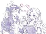  1boy 1girl breasts celes_chere cleavage closed_eyes cropped_jacket dated final_fantasy final_fantasy_vi gloves grin hair_ornament hands_up headscarf jewelry juliet_sleeves light_blush locke_cole long_hair long_sleeves looking_at_another medium_breasts necklace open_mouth pan_ff6 parted_bangs popped_collar print_shirt puffy_sleeves shirt short_hair sidelocks sketch smile teeth wavy_hair white_background 