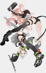  2girls :o anby_demara ankle_boots black_boots black_shorts black_skirt black_thighhighs blonde_hair boots breasts briefcase crop_top detached_sleeves green_eyes grey_background highres holding holding_briefcase holding_sword holding_weapon large_breasts looking_at_viewer multiple_girls nicole_demara niihatigounana pink_hair pleated_skirt shirt short_shorts shorts simple_background single_thighhigh skirt sword thighhighs torn_clothes torn_thighhighs two_side_up weapon white_hair white_shirt zenless_zone_zero 
