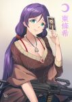  1girl 2025 artist_logo breasts brown_background brown_shawl brown_shirt card character_name collarbone crescent green_eyes gun highres hiroki_ree holding holding_card jewelry large_breasts logo long_hair looking_at_viewer love_live! love_live!_school_idol_project low_twintails necklace purple_hair shawl shirt smile solo tojo_nozomi twintails weapon weapon_request 