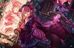 2girls bow candlestand choker closed_eyes closed_mouth crystal dark_cure_(yes!_precure_5) dark_dream dress flower frilled_choker frilled_dress frilled_sleeves frills gothic_lolita highres index_finger_raised lolita_fashion long_hair long_sleeves looking_at_viewer maid_headdress mirror multiple_girls partyu pink_choker pink_eyes pointy_ears precure purple_bow purple_dress purple_eyes red_flower red_rose rose signature table two_side_up white_flower white_rose yes!_precure_5 yumehara_nozomi 