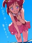  1girl bikini blue_background bow buntatta frilled_bikini frills index_finger_raised ocean pink_hair precure purple_eyes short_hair smile swimsuit teeth translation_request two_side_up yes!_precure_5 yumehara_nozomi 