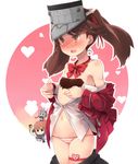  bare_shoulders blush brown_eyes brown_hair chocolate flat_chest hat heart inazuma_(kantai_collection) kantai_collection long_hair multiple_girls navel open_clothes open_mouth open_shirt panties plasma-chan_(kantai_collection) rensouhou-chan ryuujou_(kantai_collection) shin_(new) shirt skirt skirt_pull striped striped_panties twintails underwear visor_cap 
