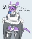 2025 ambergate angry anthro balls blue_background blue_nose chastity_cage chastity_device clothed clothing crossdressing digital_media_(artwork) dipodid embarrassed fang_the_hunter genitals jerboa maid_uniform male mammal multicolored_body penis purple_body rodent sega simple_background solo sonic_the_hedgehog_(series) two_tone_body uniform white_body