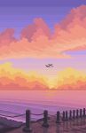  beach bird dock eastblueace highres no_humans ocean original pastel_colors pier pink_clouds pixel_art railing reflection reflective_water scenery shadow sunrise waves yellow_clouds 