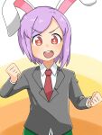  +_+ 1boy :d animal_ears black_jacket blazer chanpuru_(nicoseiga_67544477) clenched_hands collared_shirt commentary_request cookie_(touhou) genderswap genderswap_(ftm) hisui_(cookie) jacket long_sleeves looking_at_viewer male_focus necktie open_mouth purple_hair rabbit_boy rabbit_ears red_eyes red_necktie reisen_udongein_inaba round_teeth shirt short_hair smile solo teeth touhou upper_body upper_teeth_only white_shirt yellow_background 