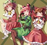  :3 animal_ears blush bow braid brown_hair cat_ears cat_tail chen closed_eyes commentary_request crossed_arms detached_sleeves dorowa_no_hito dress earrings extra_ears fangs hair_bow hair_in_mouth hakurei_reimu hat highres jewelry kaenbyou_rin long_hair lying mouth_hold multiple_girls multiple_tails on_back open_mouth pantyhose red_hair short_hair sleeping socks tail touhou twin_braids 