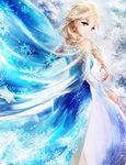  blonde_hair blue_eyes braid dress elsa_(frozen) frozen_(disney) hair_over_shoulder highres long_hair looking_back moemoe3345 single_braid smile snow snowflake_print snowflakes solo 