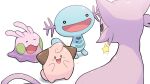  antennae blush cleffa closed_eyes espeon goomy happy highres holding jewelry mouth_hold no_humans numera_goomy open_mouth pokemon pokemon_(creature) simple_background sparkle star_(symbol) white_background wooper 