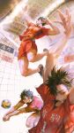  1boy absurdres arms_up ball black_hair brown_eyes flying_sweatdrops haikyuu!! highres jumping kuroo_tetsurou looking_to_the_side male_focus muscular muscular_male nekoma_volleyball_uniform open_hands playing_sports receipt red_shirt red_shorts shirt short_hair shorts smile solo spiked_hair sportswear sweat teeth thick_thighs thighs translation_request veins veiny_arms volleyball volleyball_(object) volleyball_net volleyball_uniform zero_q_0q 