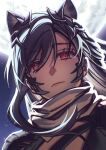  1girl animal_ears black_hair chest_strap closed_mouth final_fantasy final_fantasy_vii final_fantasy_vii_ever_crisis full_moon grey_scarf highres long_hair looking_at_viewer moon night night_sky official_alternate_costume outdoors pink_lips portrait red_eyes scarf seilidare shoulder_pads single_sidelock sky solo swept_bangs tifa_lockhart tifa_lockhart_(armor_of_the_worthy) upper_body wolf_ears 