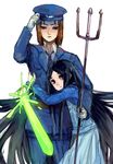  1girl black_hair crossover expressionless funetsuki hand_on_headwear height_difference hug long_hair looking_at_viewer older_(game) polearm purple_eyes shining sketch sword takashi_(older) tec_(game) theta_(pixiv) trident uniform very_long_hair weapon 