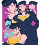  1boy 1other anchor_ornament anchor_symbol bandage_on_cheek bandaid bandaid_on_face bandaid_on_nose bare_shoulders black_hair blue_eyes blue_gakuran blush collarbone collared_jacket crazy_diamond diamond_wa_kudakenai earrings gakuran heart_ornament higashikata_josuke highres jacket jewelry jojo_no_kimyou_na_bouken jojo_pose looking_at_another male_focus matubaru_chan multiple_views open_mouth parted_lips peace_symbol pointing pompadour purple_background raised_eyebrows school_uniform stand_(jojo) star_(symbol) stud_earrings sweatdrop tank_top yellow_tank_top 