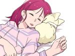  1girl 1other bed bed_sheet buntatta closed_eyes coco_(yes!_precure_5) forehead-to-forehead fox hair_behind_ear heads_together highres light_blush on_bed open_mouth pink_hair precure sleeping sweater yes!_precure_5 yumehara_nozomi 